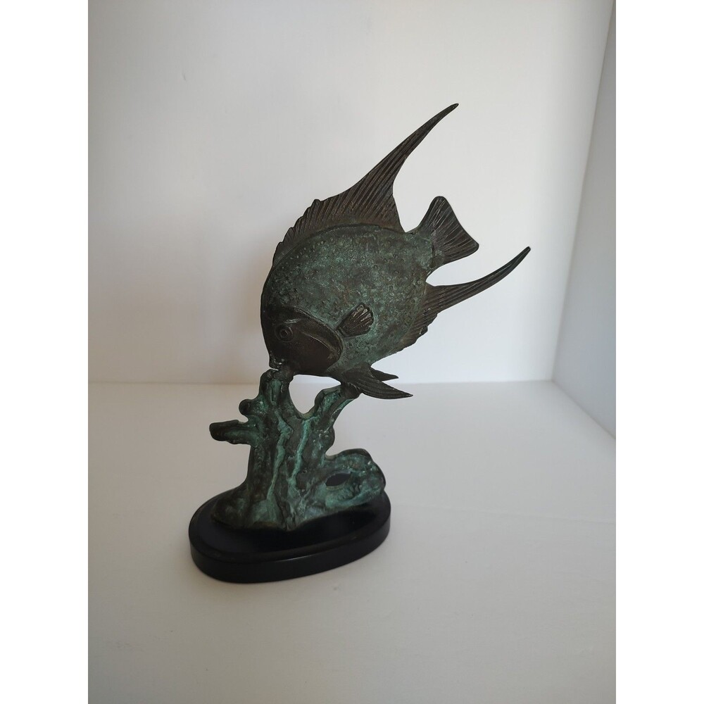 Vintage Bronze Angelfish Sculpture On A Wooden Base